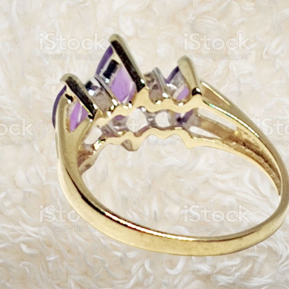 Solid 14k Gold Ring with Marquis Cut Amethyst Gemstones and Round Cut Diamonds - Picture 6 of 7